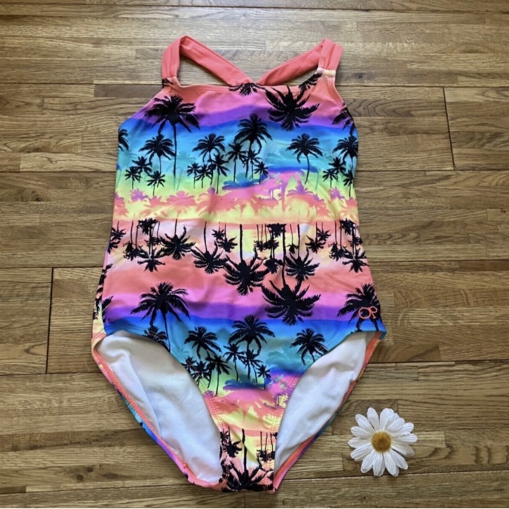 Op Rainbow Neon Tropical Palm Tree One Piece Swimsuit Size 10/12